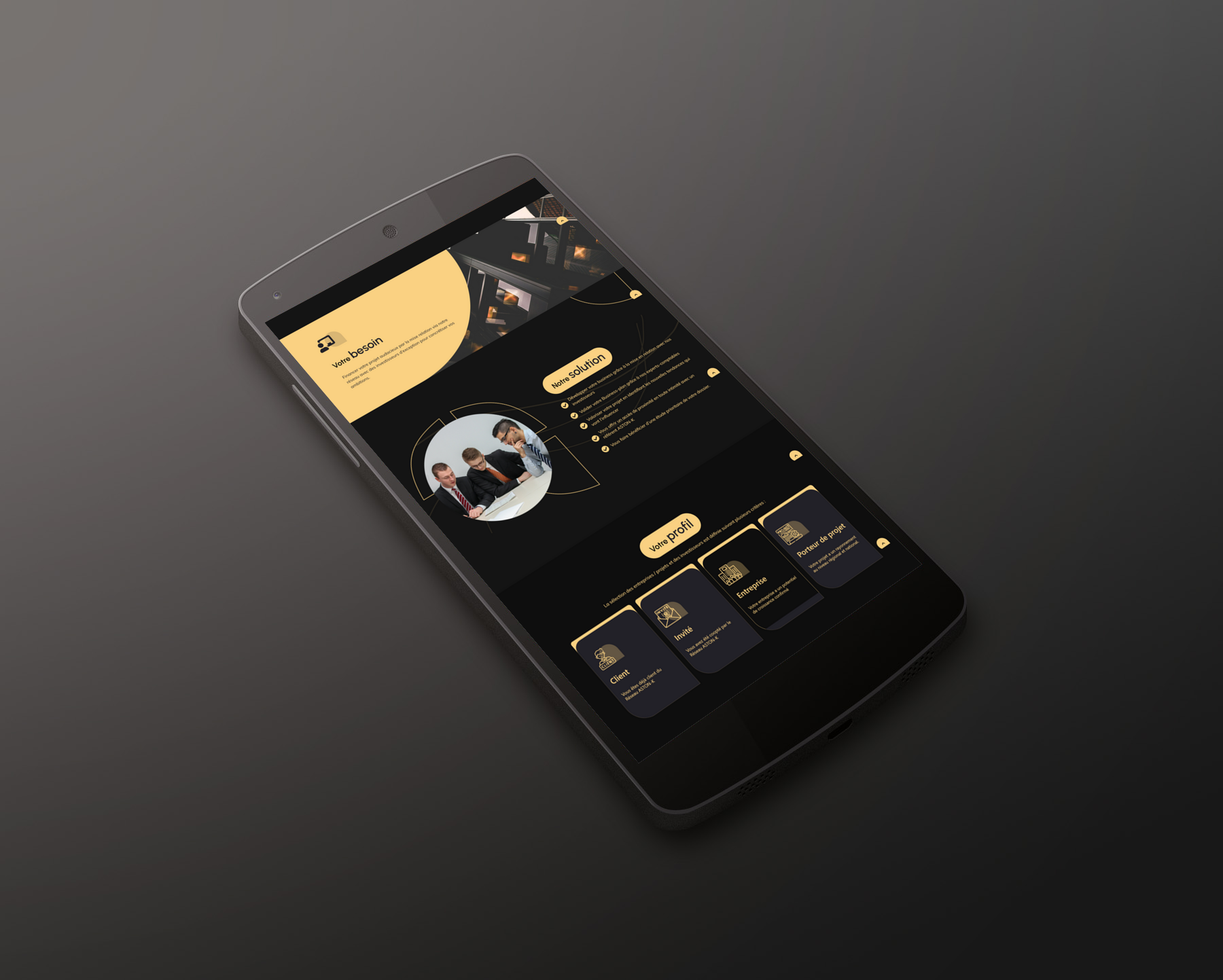 Maquette mobile Financement/Conseil — Fibonacci Studio